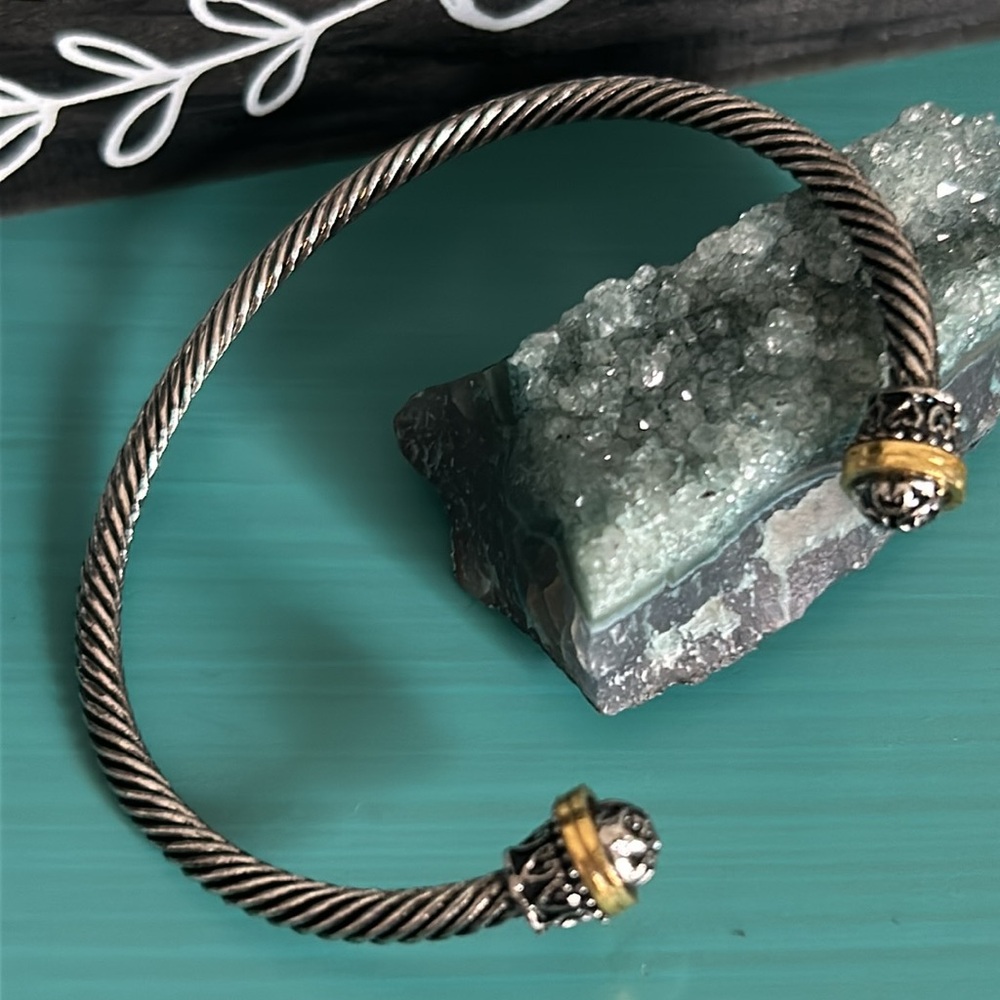 New Cable Twist Antiqued Silver With Gold Tone and Scroll Accents Cuff Bracelet